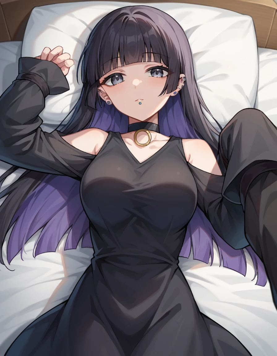 score_9, score_8_up, score_7_up, source_anime,
pasan, <lora:pa-san-ponyxl-lora-nochekaiser:1>,
pasan, black hair, blunt bangs, blunt ends, chin piercing, colored inner hair, ear piercing, grey eyes, hime cut, long hair, medium bangs, multicolored hair, piercing, purple hair, mature female,
bare shoulders, black choker, black dress, black sleeves, choker, clothing cutout, detached sleeves, dress, gothic, shoulder cutout, sleeves past fingers, sleeves past wrists, very long sleeves,
indoors, bed, bed room, on back, arm support, arms up, incoming hug, pov, reaching, reaching towards viewer,
looking at viewer, cowboy shot, dutch angle,