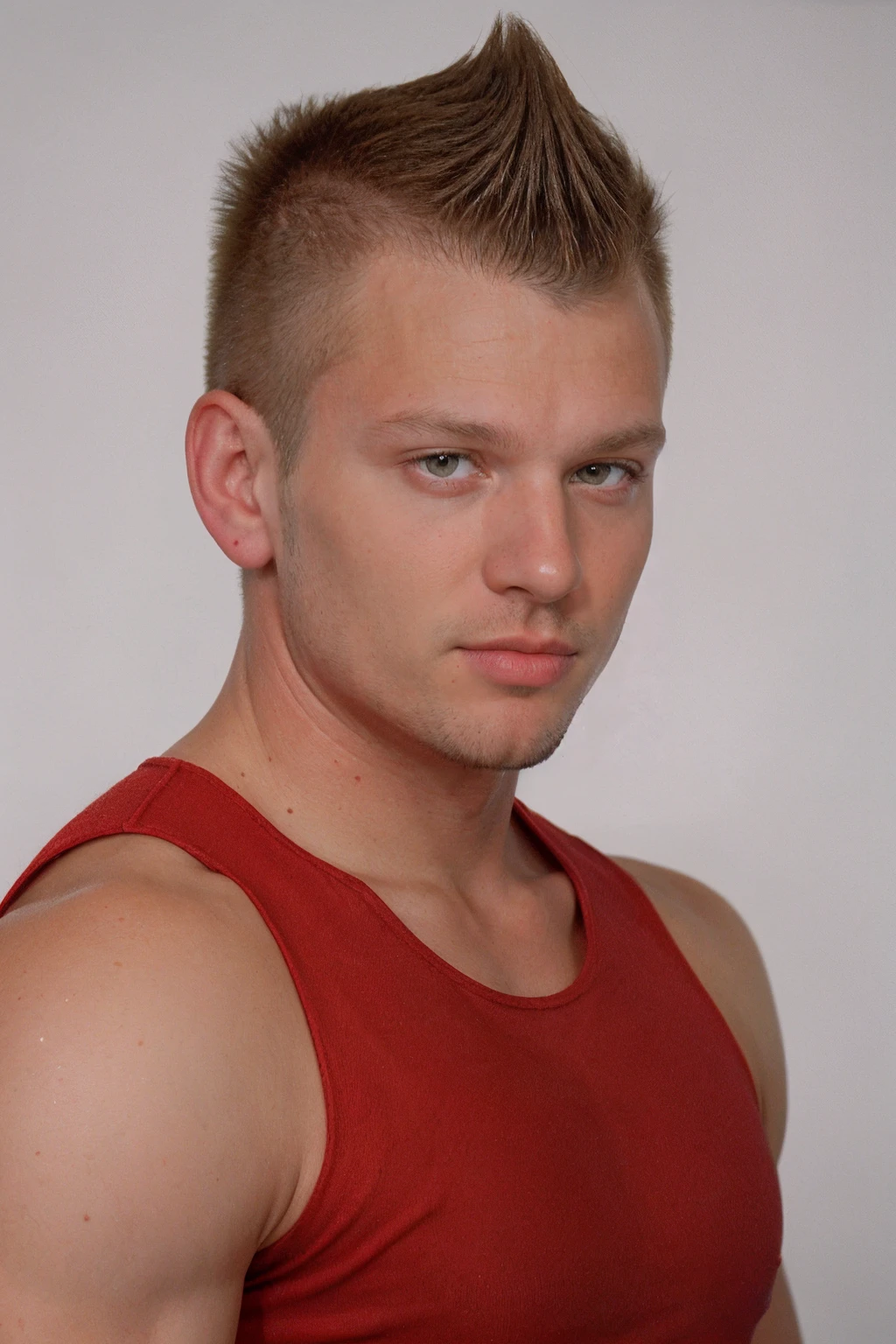 headshot photo of jmh wearing (red) tank top <lora:jmh_epoch_8:0.8>, white background, fauxhawk