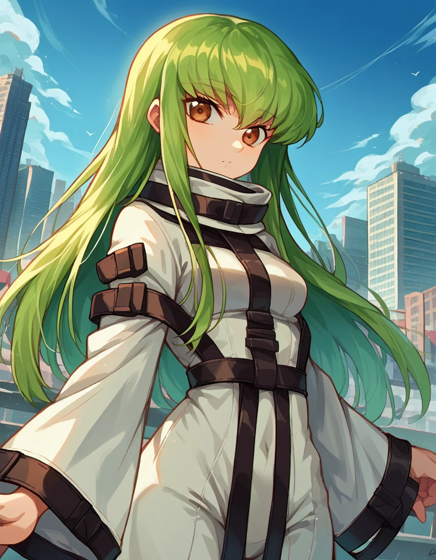 score_9, score_8_up, score_7_up, source_anime,
codegeasscc, <lora:codegeass-cc-ponyxl-lora-nochekaiser:1>,
cc, brown eyes, green hair, long hair, straight hair,
straitjacket, white straitjacket, wide sleeves,
outdoors, cityscape,
looking at viewer, dutch angle, cowboy shot,