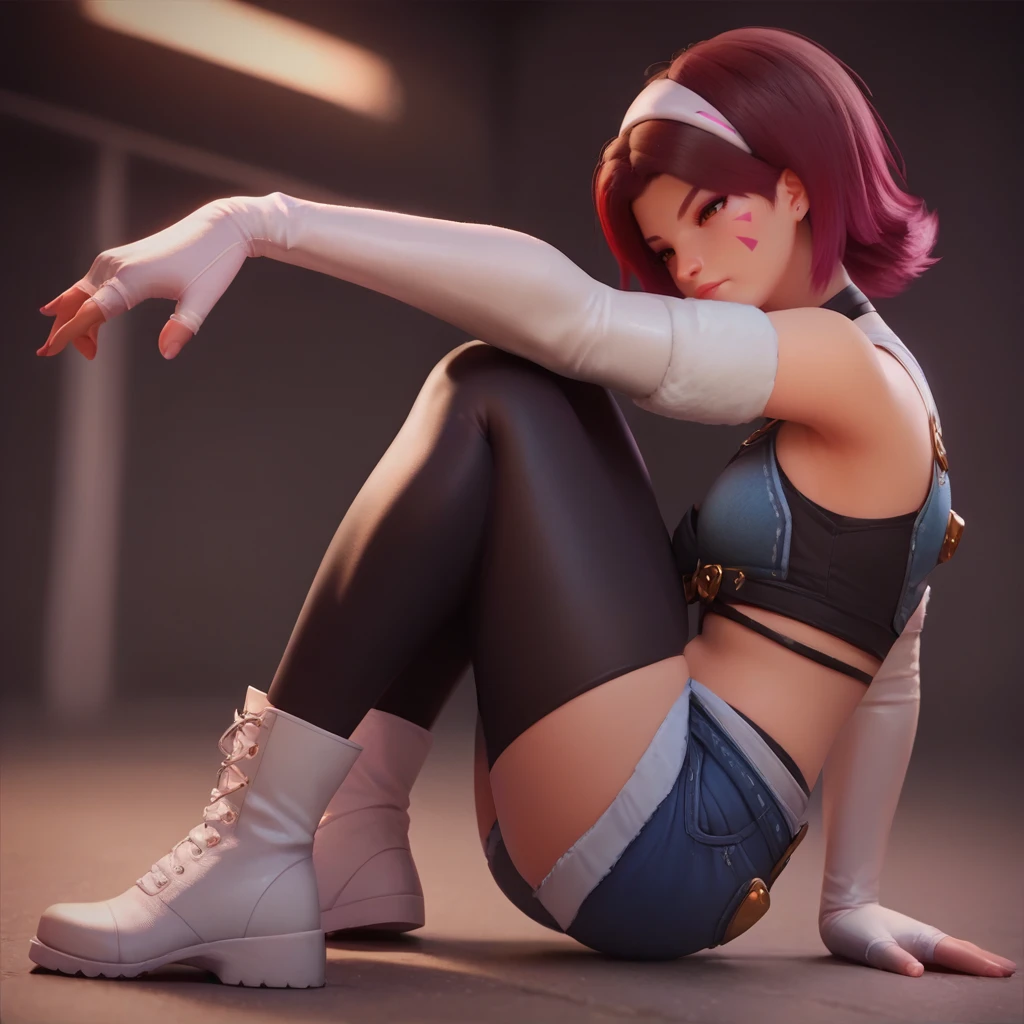 score_9, score_8_up, score_7_up, score_6_up, 1girl, Dvakpop, white elbow gloves, fingerless gloves, denim shorts, black leggings, white boots , <lora:Dvakpop-02:1>
