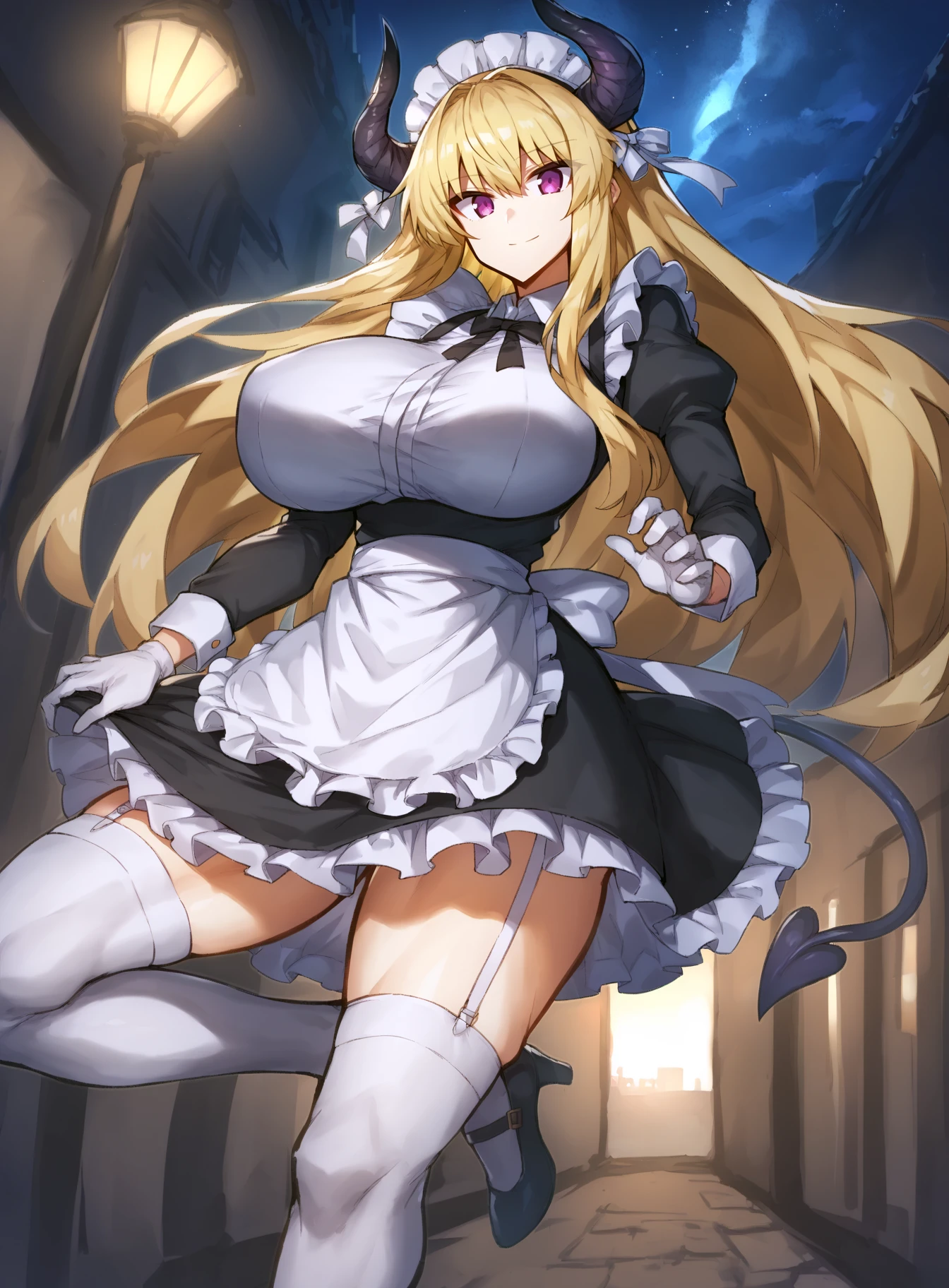 score_9, score_8_up, score_7_up, score_6_up, score_5_up, score_4_up,
gradient background, refraction, caustics, rim lights, backlighting, bloom,
BREAK
source_anime, 
clouds, sky, night, starry sky, night sky, moonlight, dappled moonlight,
outdoors, dramatic lighting, city, street, scenery, fantasy, 
BREAK
1girl, blonde hair, floating hair, hair ornament,sidelocks, very long hair, messy bangs,
purple eyes, eyeshadow, makeup, smile,
black horns, black tail, demon horns, demon tail, demon girl, 
huge breasts, wide hips, thick thighs, narrow waist, 
maid, maid apron, maid headdress,white apron, white bow, white gloves, 
black dress, black skirt, collared dress, frilled apron, frills, 
juliet sleeves, long sleeves, puffy sleeves, ribbon, skirt, waist bow, 
high heels, white thighhighs, garter straps, 
looking at viewer, one leg raised, solo, perspective, cowboy shot, from above, 
 <lora:Melon22-v1-PDXL:1>