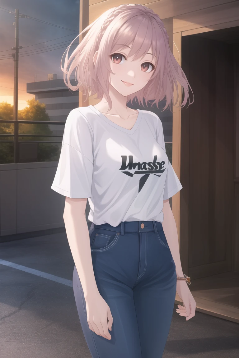 masterpiece, best quality, CG, wallpaper, HDR, high quality, high-definition, extremely detailed, rinnernd, casual clothes, looking at viewer, smile