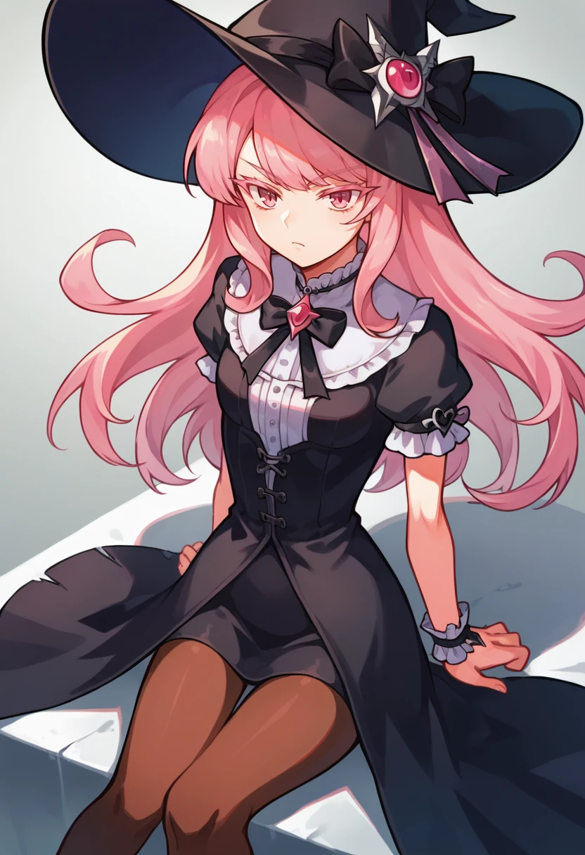 score_9, score_8_up, score_7_up, score_6_up, source_anime, masterpiece, newest,
dynamic angle, dynamic pose, 1girl, skinny, slender, innocent, sitting, arms at sides, long hair, portrait, shade, brown pantyhose, gothic clothes, Colored eyelashes, displeased, pink hair, witch hat