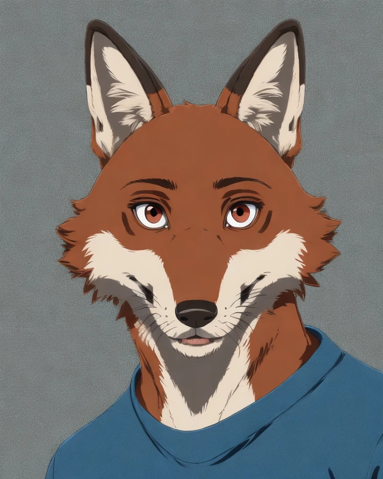 red fox, solo
anthro
muscular
male, clothed
bust portrait, simple background, <lora:beastarsanimestyle:1> beastarsanimestyle, cel shading, flat colors, <lora:add_detail:-0.5>