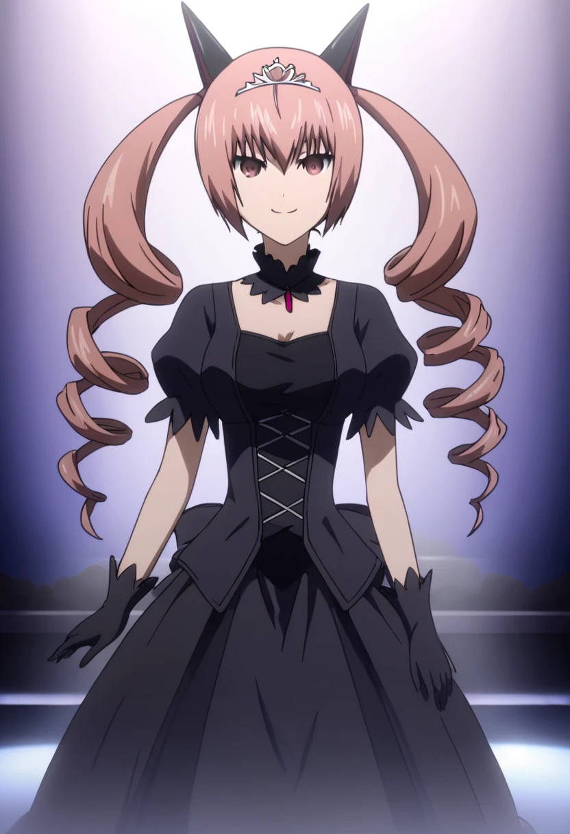 <lora:Faris:1> faris, AkihaRumiho,1girl,twin drills,pink eyes,solo, black dress,black gloves,tiara, :3,smile,closed mouth, stage,