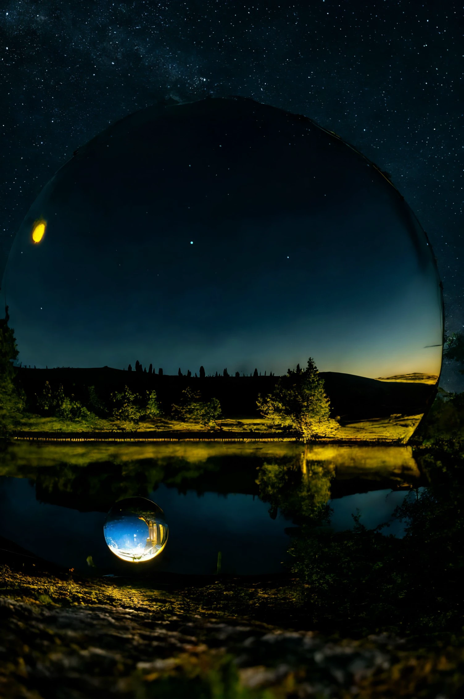 Glass Sphere,  <lora:dynamic_shot_30_crystal_perspective:0.80>
Lakeside camping site and starry night,
highres, high quality, high resolution, hd, 4k, masterpiece, realistic,