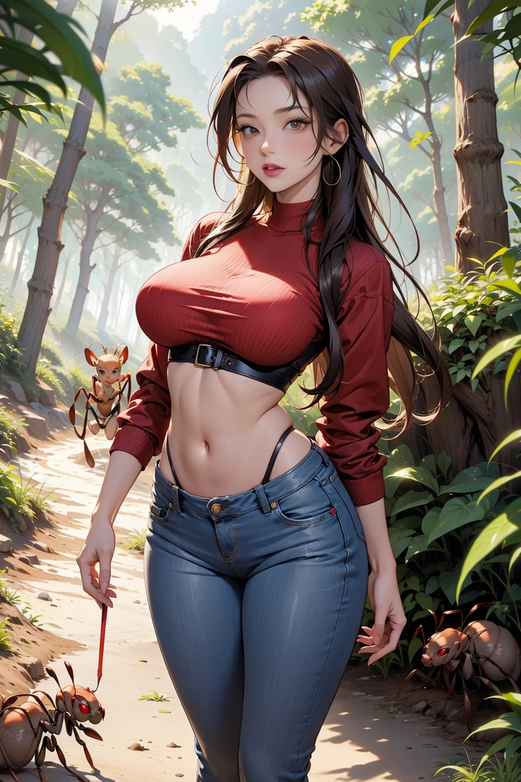 <lora:AntWorld:1> (AntWorld:0.9)1woman wearing a red shirt and yellow (sexy, skinny, big breasts, :1.3) walking in the forest near a river <lora:highleg_panties_v0.1:1> panties, highleg panties