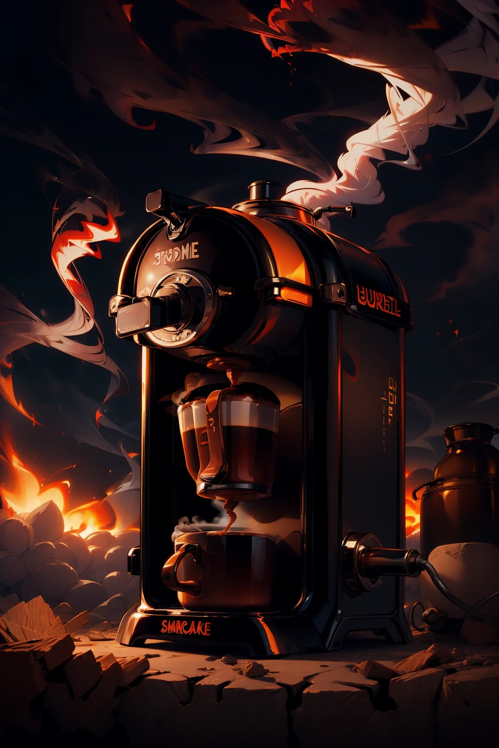 <lora:BurnSmokeWorld:1> (BurnSmokeWorld:0.95) coffee machine