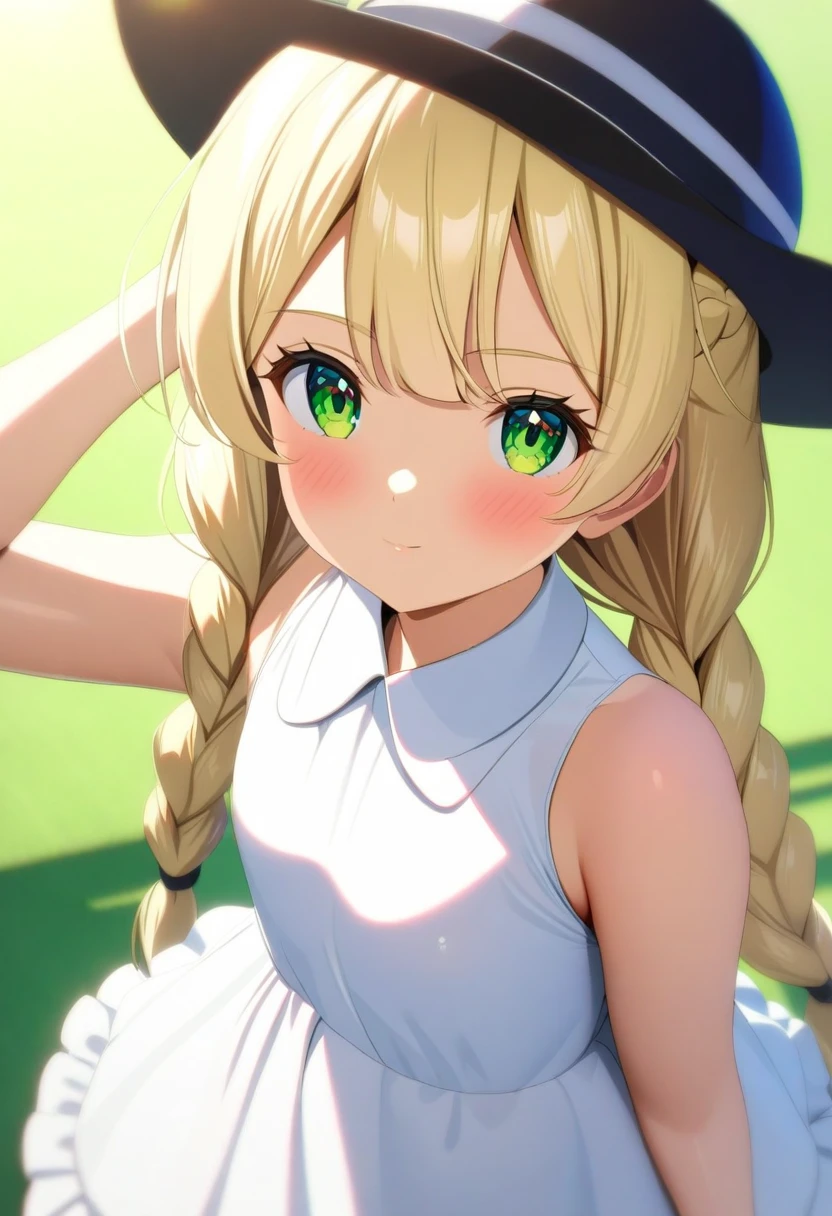 1girl,lillie,bare_arms,blonde_hair,braid,closed_mouth,collared_dress,dress,eyelashes,green_eyes,hand_on_headwear,hat,long_hair,looking_at_viewer,see-through,sleeveless,sleeveless_dress,solo,sun_hat,twin_braids,white_dress,<lora:pokemon_character_pack_xl:1>,masterpiece,raytracing,highly detailed,absurdres,anime style,<lora:Anime Enhancer XL V2:1>,enhancer,