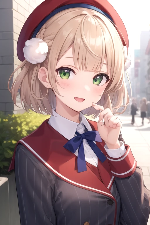 ((masterpiece)),(best quality),official art,extremely detailed CG,unity 8k wallpaper,ultra detailed,beautiful detailed eyes,extremely detailed face,outdoors,1girl,solo,upper body,(portrait:1.5),looking at viewer,facing viewer,smile,shigure ui (vtuber),beret,red headwear,light brown hair,short hair,hair rings,pom pom hair ornament,side braid,french braid,green eyes,blunt bangs,school uniform,grey jacket,vertical-striped jacket,red sailor collar,neck ribbon,blue ribbon,pom pom (clothes),collared shirt,white shirt,long sleeves,red wrist cuffs,double-breasted,grey skirt,pleated skirt,vertical-striped skirt,red socks,loafers,<lora:Shigure Ui(vtuber)-Update>,