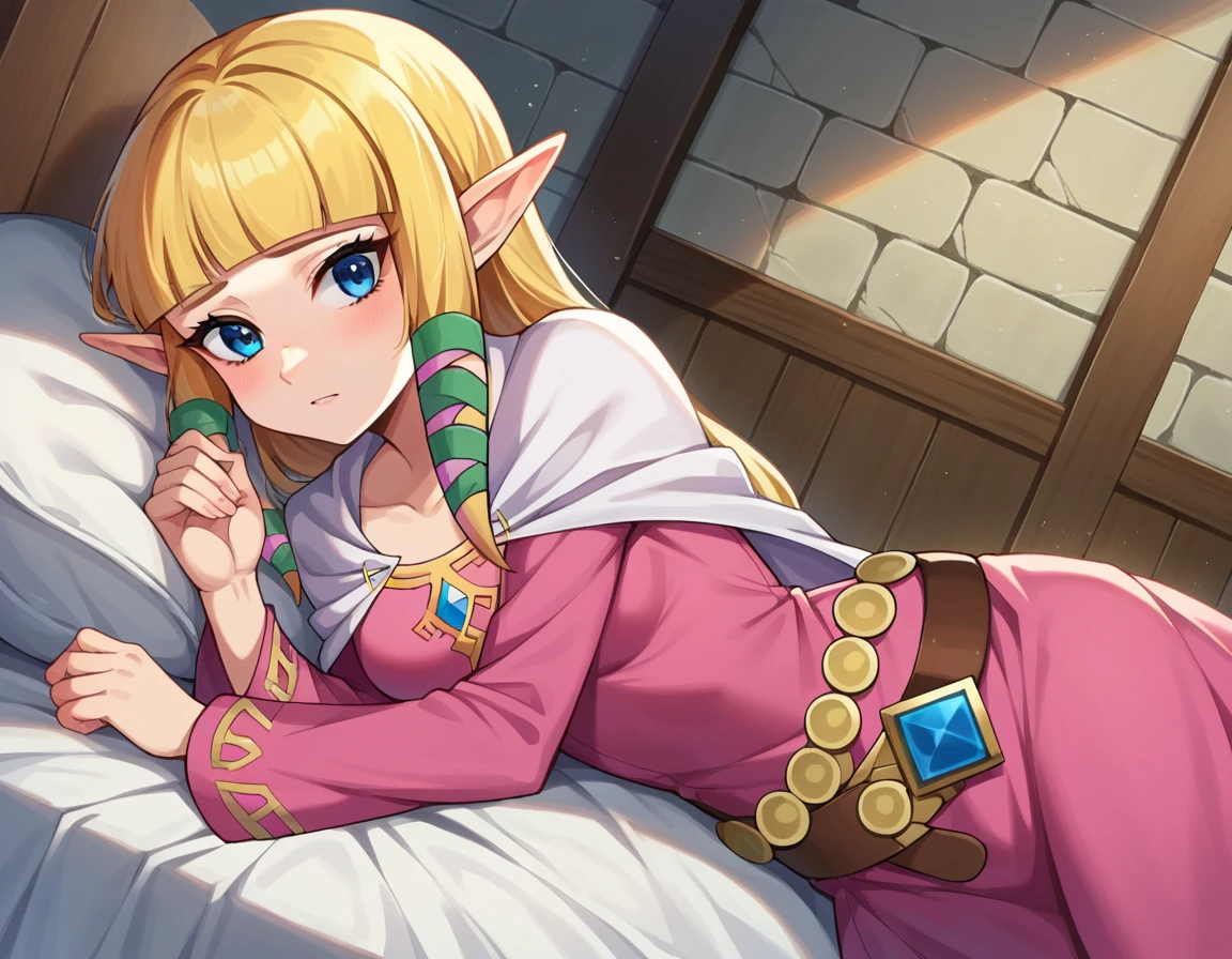 score_9, score_8_up, score_7_up, source_anime,
princesszelda, <lora:zelda-skyward-sword-ponyxl-lora-nochekaiser:1>,
zelda skyward sword, blonde hair, blue eyes, long hair, pointy ears, sidelocks, elf, bangs, blunt bangs, ribbons, hair ribbons,
belt, cape, dress, long sleeves, pink dress, white cape,
indoors, bed, bed room, on side,
looking at viewer, cowboy shot, dutch angle,