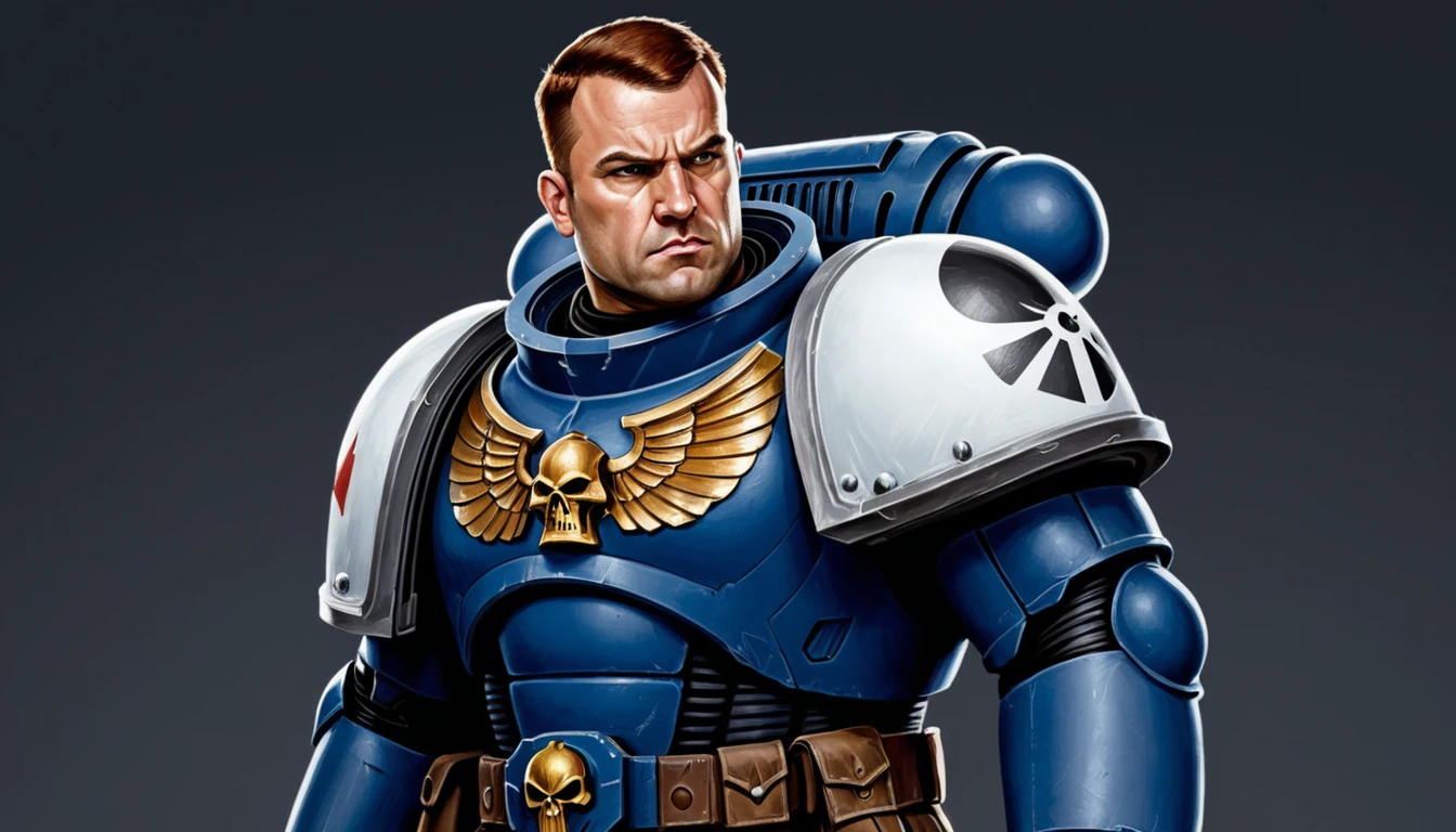 (Digital Illustration), Space Marine from the Warhammer 40k universe. The painting is in a portrait style with a simple background. The Space Marine is shown from the chest up and is wearing a dark blue and white power armor with a white helmet. He has short brown hair and a stern expression on his face. He is standing with his right hand on his hip and his left hand holding a bolt pistol.
 <lora:Astartes-000007:1>