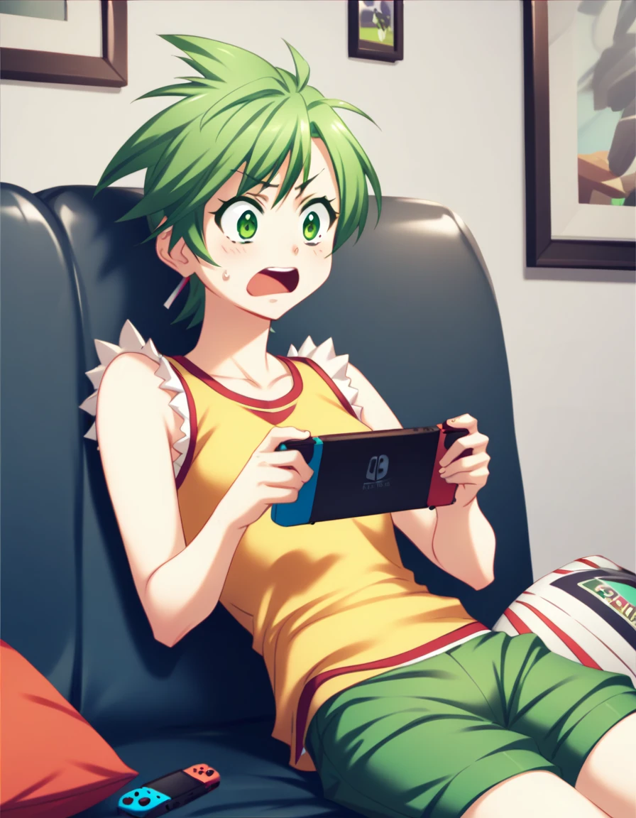<lora:elnie-ponyxl-000022:1> elnie,
elniedef, sleeveless shirt, yellow shirt, shorts, green shorts,
1girl, holding handheld game console, nintendo switch, sofa, surprised, score_9, score_8_up, score_7_up, score_6_up, score_5_up, score_4_up