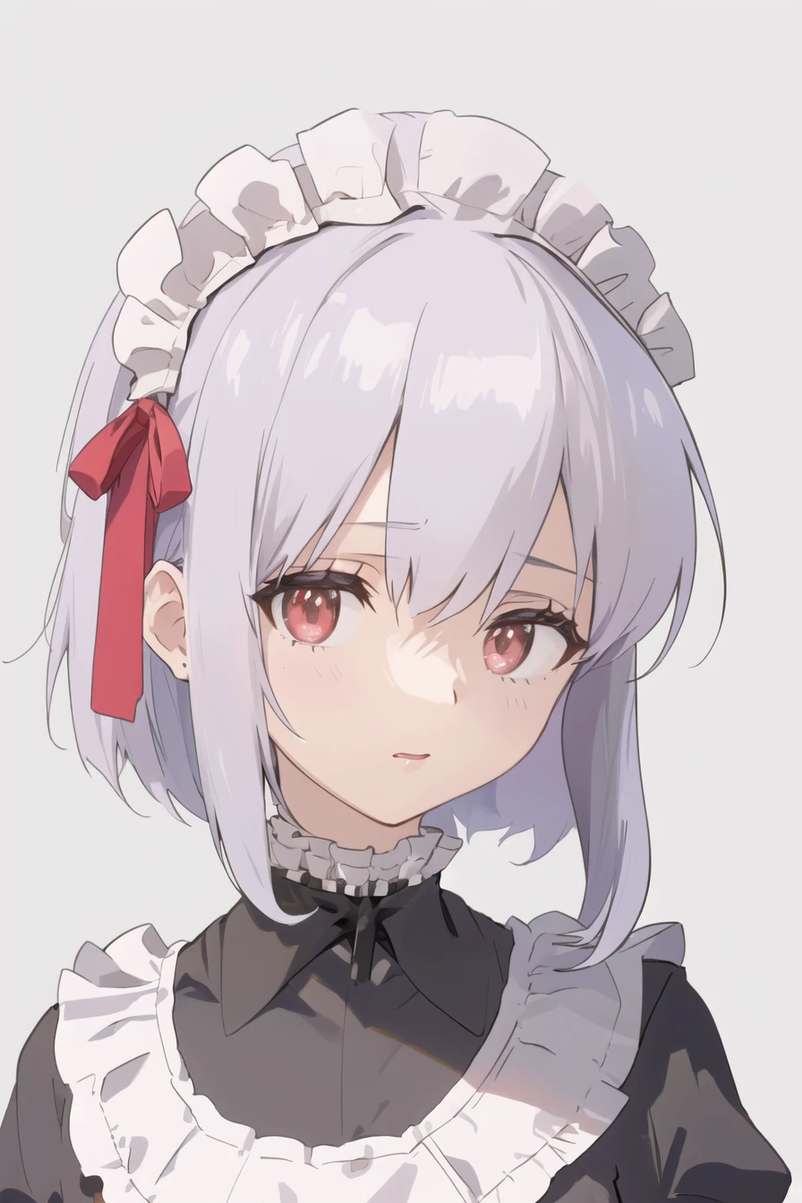 masterpiece, best quality, 32k, high resolution, absurdres, 1girl, solo, sheffield \(azur lane\), yellow eyes,short hair, hair over one eye,braid, maid headdress,maid,metal collar, cross,apron, neutral face