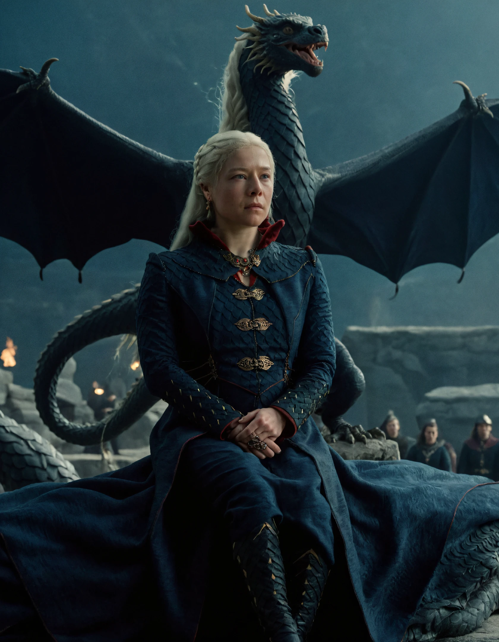 super high resolution photo,full body shot of rha3nyra,she has a long braid white hair ponytail,she is wearing a blue coat and necklace and she is sitting on top of a flying dragon,super detailed background,depth of field,(sweaty skin:1.2),volumetric lighting,during night,dimly lit,(surreal dramatic lighting shadow),natural lighting