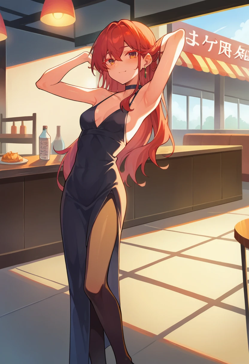 score_9, score_8_up, score_7_up, score_6_up, source_anime, masterpiece, newest,
1girl, skinny, slender, long hair, portrait, shade, pantyhose, no shoes, evening dress, blushing, :3, Colored eyelashes, red hair, miniskirt, cowboy shot, restaurant, armpits, closeup
