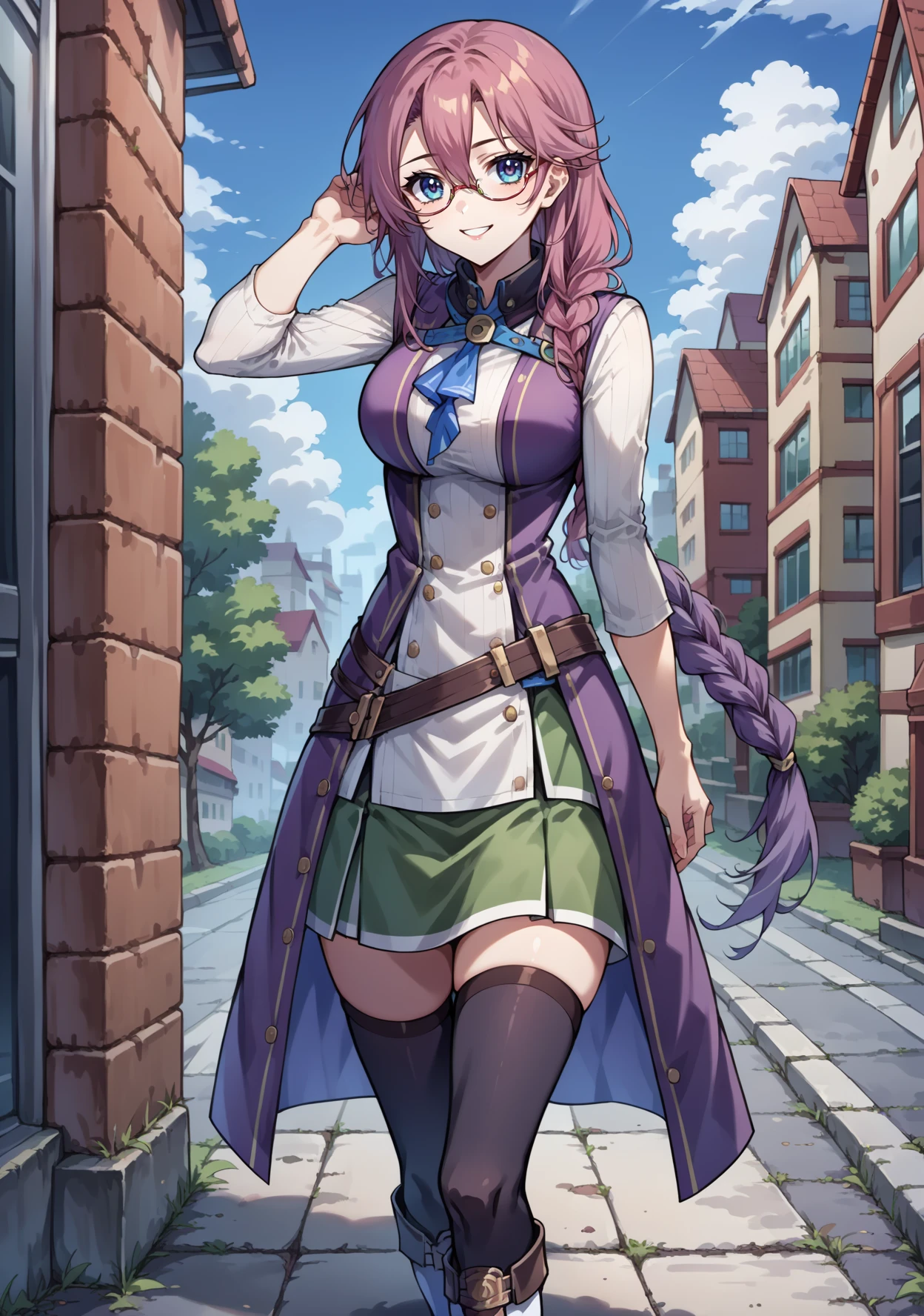 score_9, score_8_up, source_anime, emma-m-pdxl, 1girl, solo, <lora:Emma_Millstein-PDXL:1>  jewelry, loafers,  blue eyes,  hair between eyes,  smile, pink hair, long hair,   glasses, daytime, outside, town,  braided ponytail, purple sleeveless coat, sleeveless coat, white shirt, longsleeve white shirt,  green skirt, belts, white boots, looking at viewer, thigh highs,  contrapposto:1.2