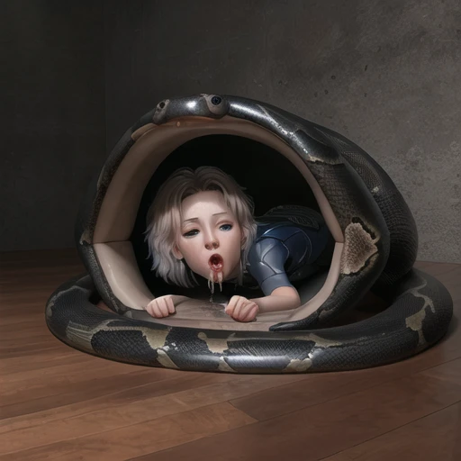 girl victim, lying down, swallowed, alive, inside, snake, throat, body, eaten, 1girl, swallowed, saliva, dripping, snake, maw, raw, masterpiece, ultra best picture, ultra intricate creative detail, hyper realistic detail, ultra hyper photo realism, ultra-hyper immersive visuals, 3D realistic, ultra 4080p, HD, VFX, SFX, FKAA, TXAA, RTX, SSAO, 