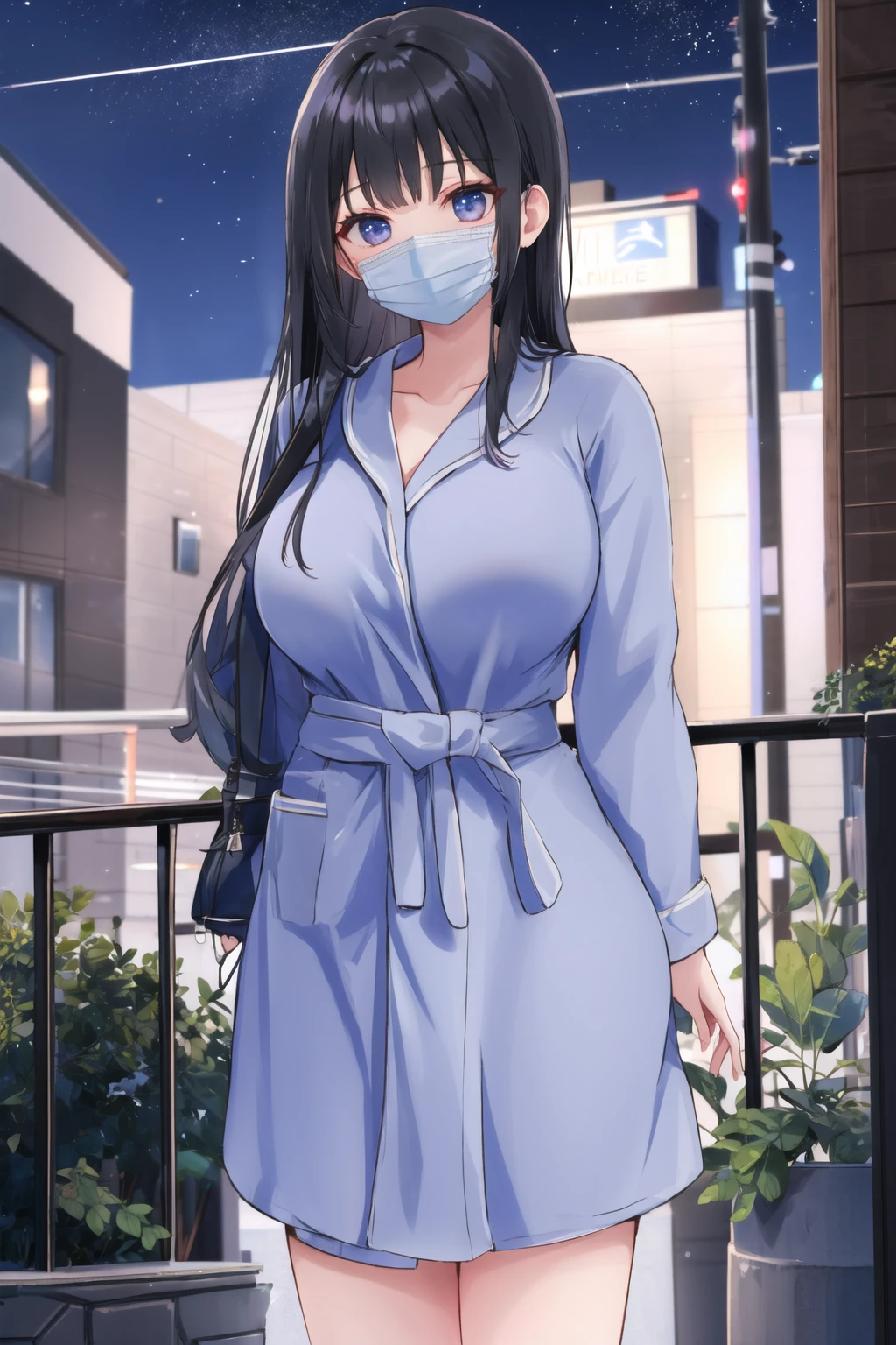<lora:shortbath:0.6>, short bathrobe, mask, black hair, long hair, outdoors, night, large breasts