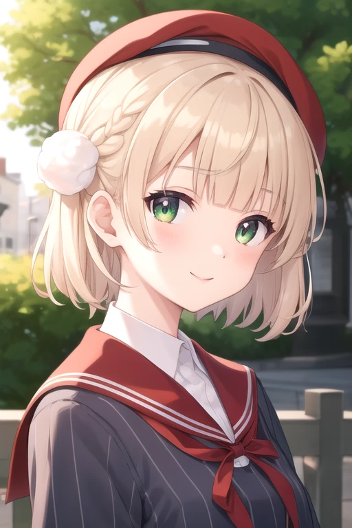((masterpiece)),(best quality),official art,extremely detailed CG,unity 8k wallpaper,ultra detailed,beautiful detailed eyes,extremely detailed face,outdoors,1girl,solo,upper body,(portrait:1.5),looking at viewer,facing viewer,smile,shigure ui (vtuber),beret,red headwear,light brown hair,short hair,hair rings,pom pom hair ornament,side braid,french braid,green eyes,blunt bangs,school uniform,grey jacket,vertical-striped jacket,red sailor collar,neck ribbon,blue ribbon,pom pom (clothes),collared shirt,white shirt,long sleeves,red wrist cuffs,double-breasted,grey skirt,pleated skirt,vertical-striped skirt,red socks,loafers,<lora:Shigure Ui(vtuber)-Update>,