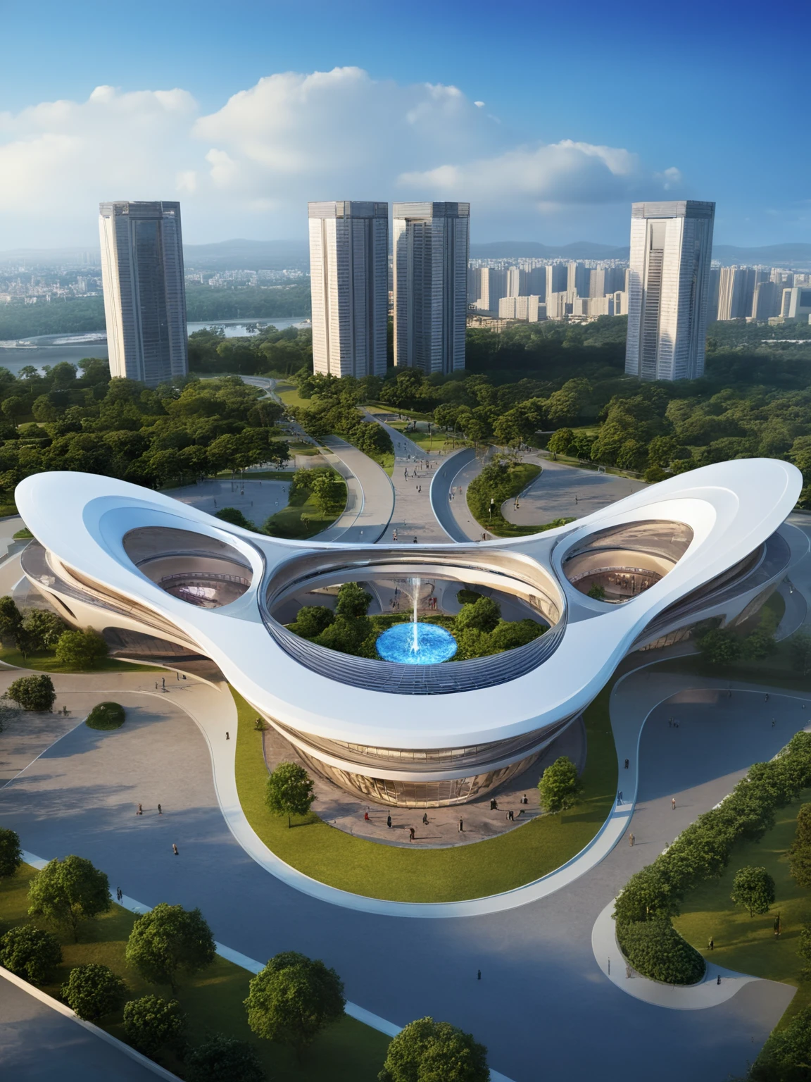 <lora:JJsCurvyArchitecture_XL:1>,((CurvyArchitecture)) , ((best quality)),((masterpiece)),((realistic)), outdoors, cloud, blue sky, no humans, building, scenery, city, cityscape, skyscraper, center composition, park, car, tree, dramatic lighting,
