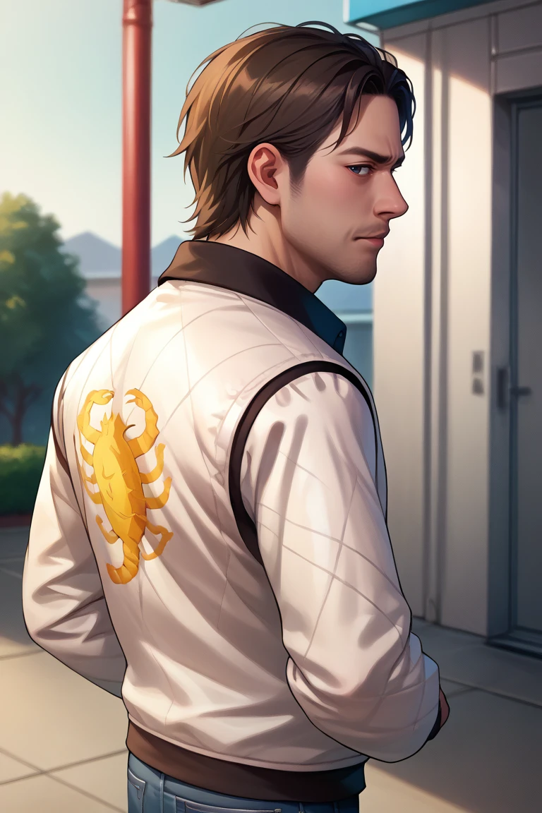 score_9, score_8_up, score_7_up, BREAK, 1boy, solo,  <lora:akiyama-guy-PONYv1:.9>, akiyama,  <lora:drivejacket-outfit-richy-v1_pdxl:0.95> print jacket, white jacket, from behind, jeans, from side, looking at viewer,