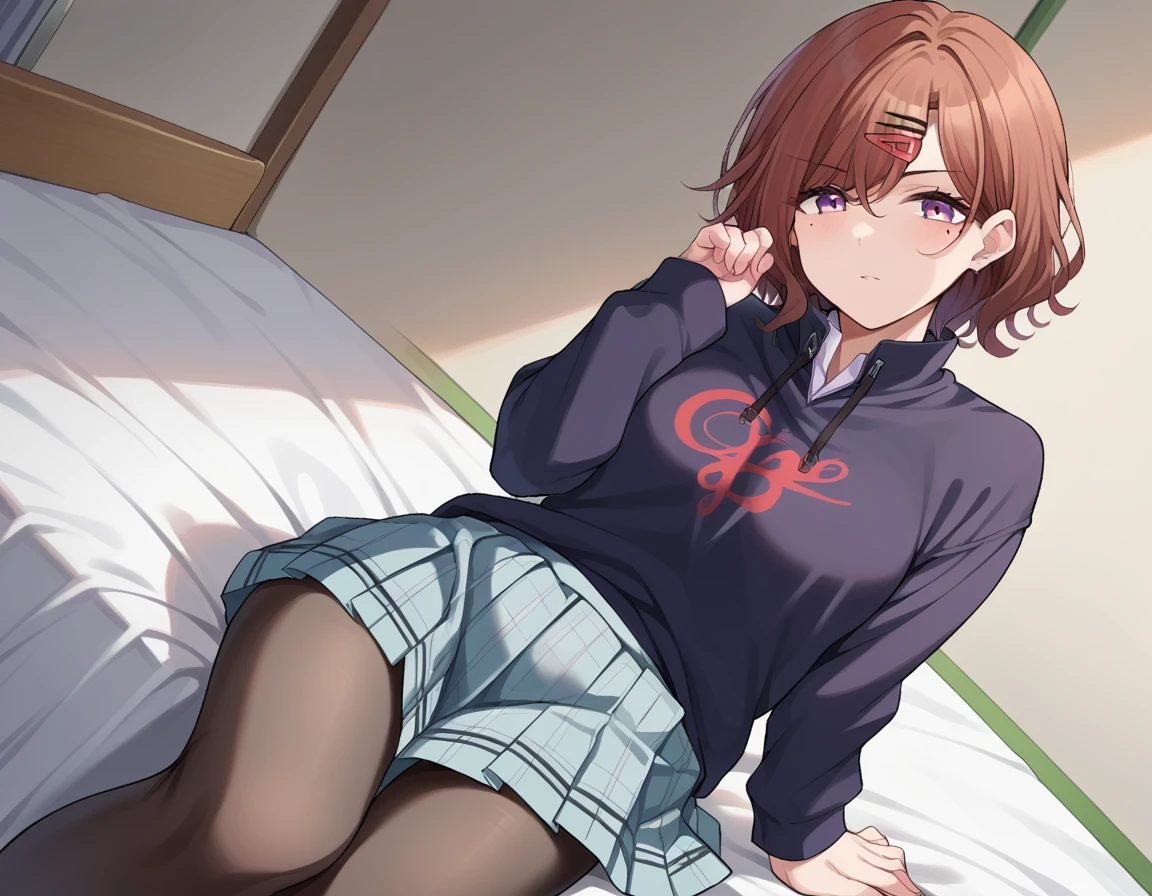 higuchi madoka, Madoka Higuchi YD, Brown hair, eyebrows hidden by hair, greybackground, Hair Ornament, hair clips, Mole, Mole under the eyes, (Purple eyes:1.1), Short hair, Wavy Hair,
BREAK black pantyhose, Black shirt, pantyhose, Plaid, plaid skirts, Pleated skirt, School uniform, Shirt, Skirt,
Break indoors, bed,
BREAK looking at viewer, (Cowboy Shot:1.5),
BREAK (masutepiece:1.2), Best Quality, High resolution, Unity 8k壁纸, (Illustration:0.8), (Beautiful detailed eyes:1.6), extra detailed face, Perfect Lighting, extremely details CG, (Perfect hands, Perfect Anatomy),(White panties:1.5), Will be yin, groin, Small breasts, (Sitting on floor), Skirt lift, (Knee up, Spread legs:1.5), (Short, Tiny, Little:1.5), blush, embarrassed, Open mouth, From below, Cowboy Shot, Dutch Angle