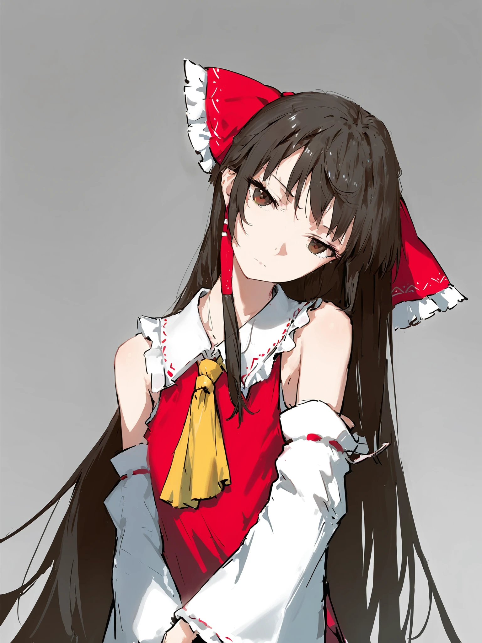 masterpiece, best quality, <lora:style26-kohaku-xl:1>,1girl,long hair, solo, cowboy shot, grey background,hakurei reimu, head tilt, from up,expressionless, detached sleeves, messy hair,