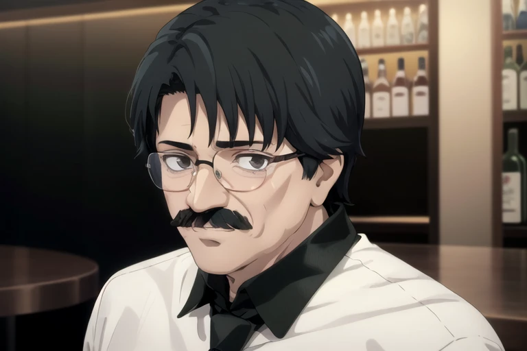(masterpiece), (best quality),
solo, detailed face, Curly cropped cut black hair, black eyes, black mustache white shirt, black pant, black necktie, mg sreekumar, man, detailed anime eyes ,spectacles , medium shot, at bar, anime scene, anime screengrab, highly detailed, detailed , detailed face <lora:csm_anime_style_offset:0.8> <lora:MG_Sreekumar_SD_1.5:1>