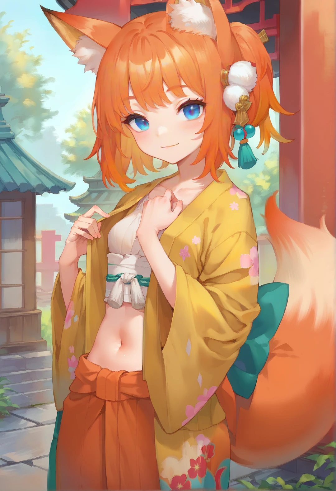 <lora:fox_girl_pony:1> score_9, score_8_up, score_7_up, score_6_up, source anime, kittunemimi, fox girl, 1girl, kimono, solo, animal ears, blue eyes, fox tail, small breasts, orange hair, navel, smile, outdoors, looking at viewer, fox ears, blush, gradient hair, closed mouth, animal ear fluff, multicolored hair, bangs, gion