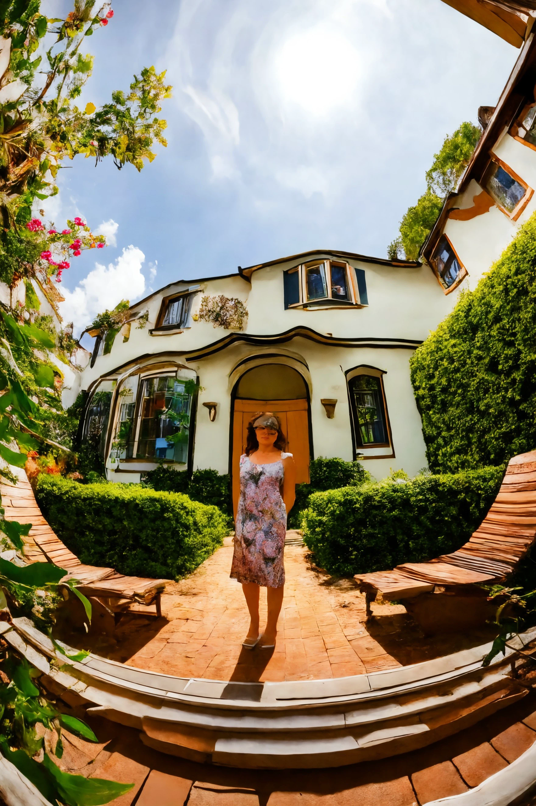 woman 20 years young closeup, European, 
 ([Shania( :0)Twain|ava sparxxx|shakir(:0)a]:0.9) closeup
 Fisheye Lens,  <lora:dynamic_shot_32_fisheye_lens:0.95>
Quaint bed and breakfast and sunrise,
highres, high quality, high resolution, hd, 4k, masterpiece, realistic,