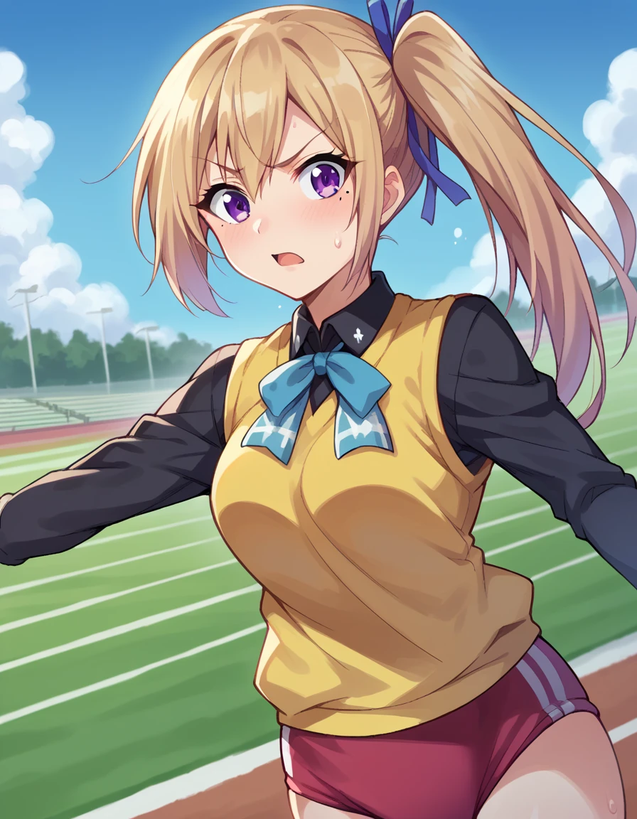 score_9, score_8_up, score_7_up, source_anime,
maikawakami, <lora:mai-kawakami-ponyxl-lora-nochekaiser:1>,
mai kawakami, blonde hair, hair ribbon, long hair, mole, mole under eye, ribbon, side ponytail, purple eyes
sweater vest, vest, yellow vest, buruma,
outdoors, track and field, running, sweat, sweatdrop,
looking at viewer, dutch angle, cowboy shot,