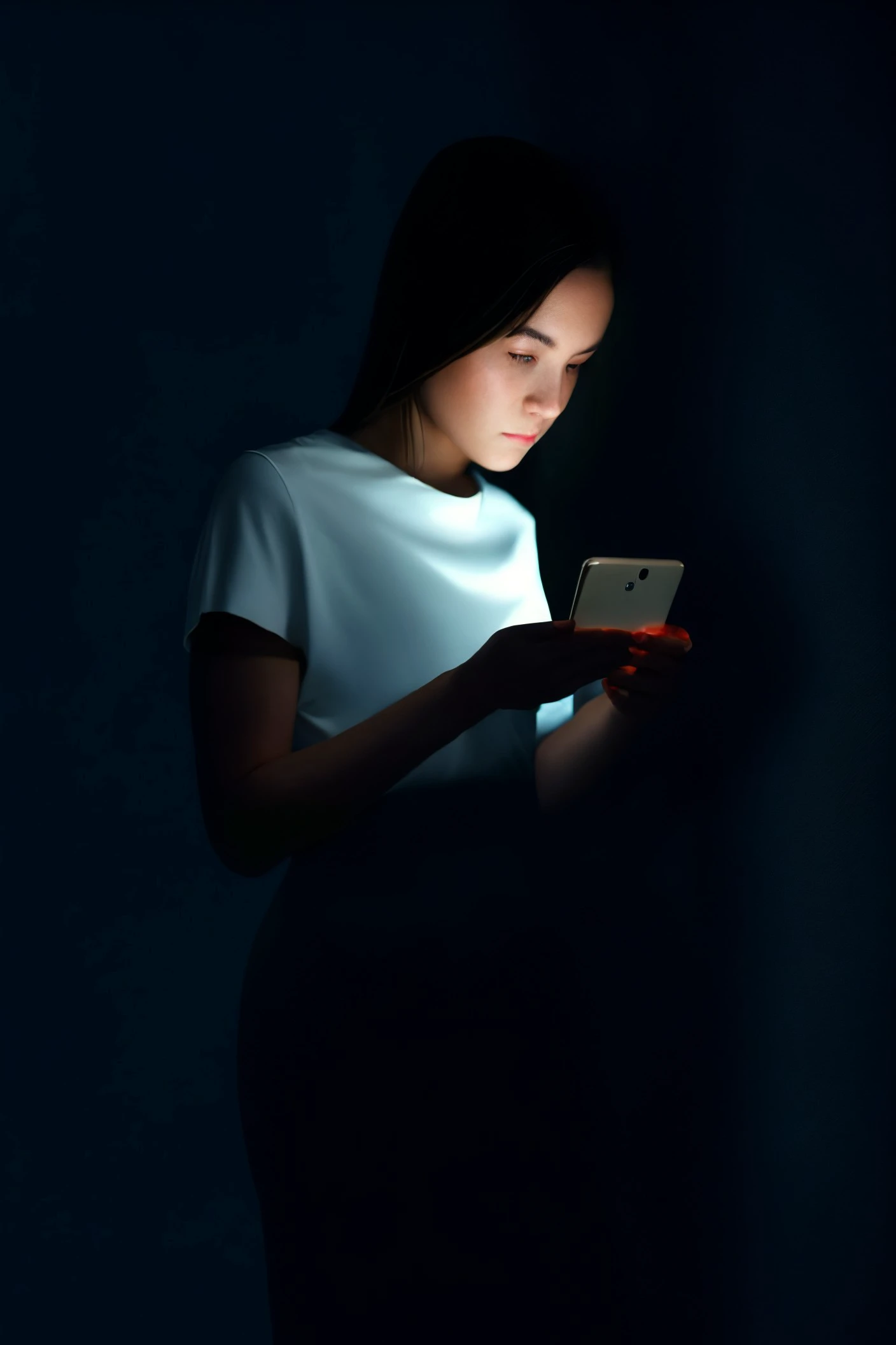 (woman standing, beautiful European, :1), (closeup:0.9),(wearing White dress:0.0)
cellphone lit face, cellphone dark, <lora:dynamic_shot_22_cellphone_lit_face:0.75>
highres, high quality, high resolution, hd, 4k, masterpiece,