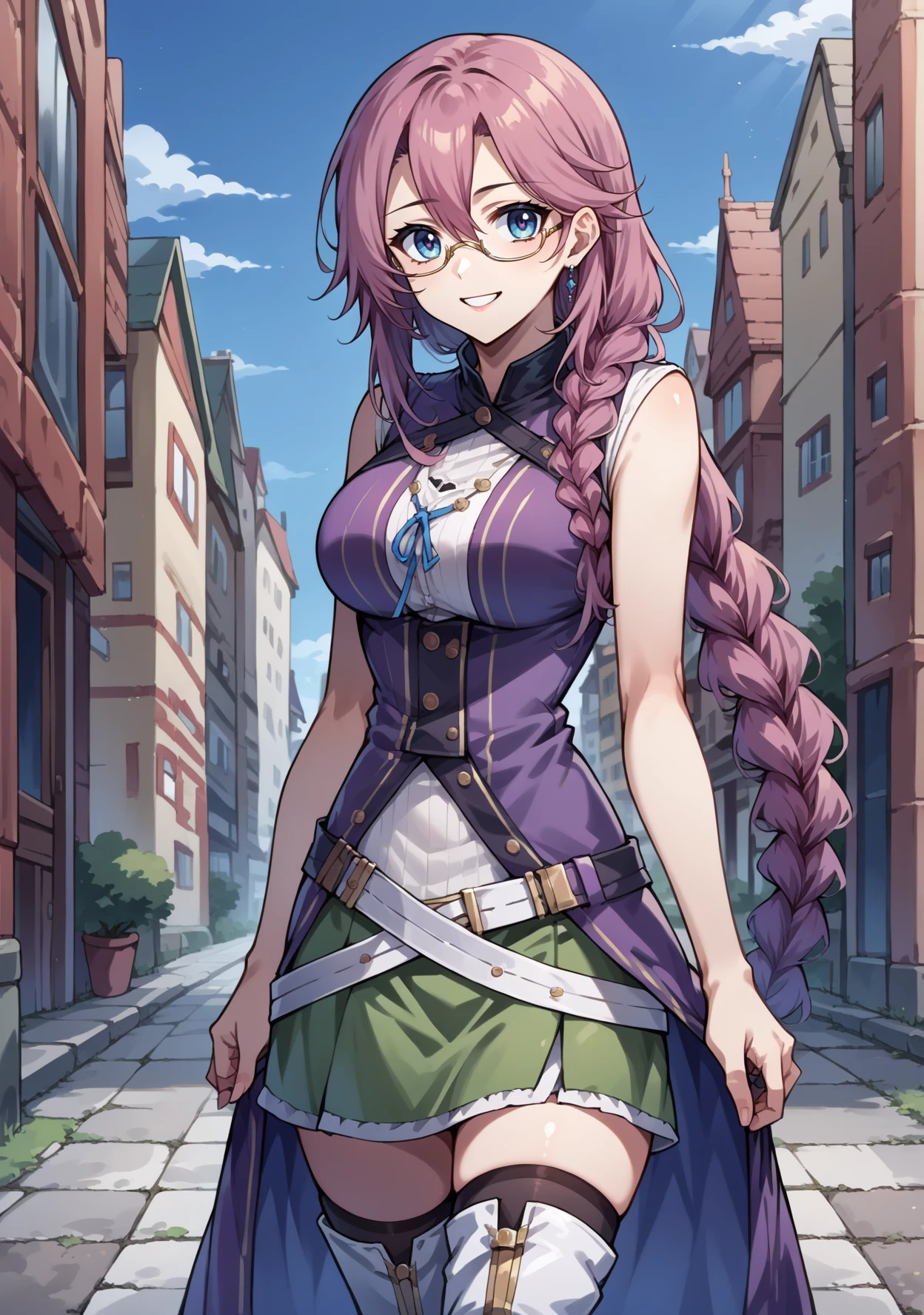 score_9, score_8_up, source_anime, emma-m-pdxl, 1girl, solo, <lora:Emma_Millstein-PDXL:1>  jewelry,   blue eyes,  hair between eyes,  smile, pink hair, long hair,   glasses, daytime, outside, town,  braided ponytail, purple sleeveless coat, sleeveless coat, white shirt, longsleeve white shirt:1,  green skirt, belts, white boots, looking at viewer, thigh highs,  contrapposto:1.2, stockings