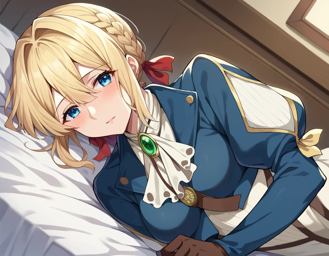 score_9, score_8_up, score_7_up, source_anime,
violetevergarden, <lora:violet-evergarden-ponyxl-lora-nochekaiser:1>,
violet evergarden, blonde hair, blue eyes, hair ribbon, ribbon, short hair, braids, hair braids, red ribbon, mature female,
blue jacket, brown gloves, cropped jacket, dress, gloves, green brooch, jacket, juliet sleeves, long sleeves, puffy sleeves, white dress,
indoors, bed, bed room, on side, blush, drunk,
looking at viewer, cowboy shot, dutch angle,