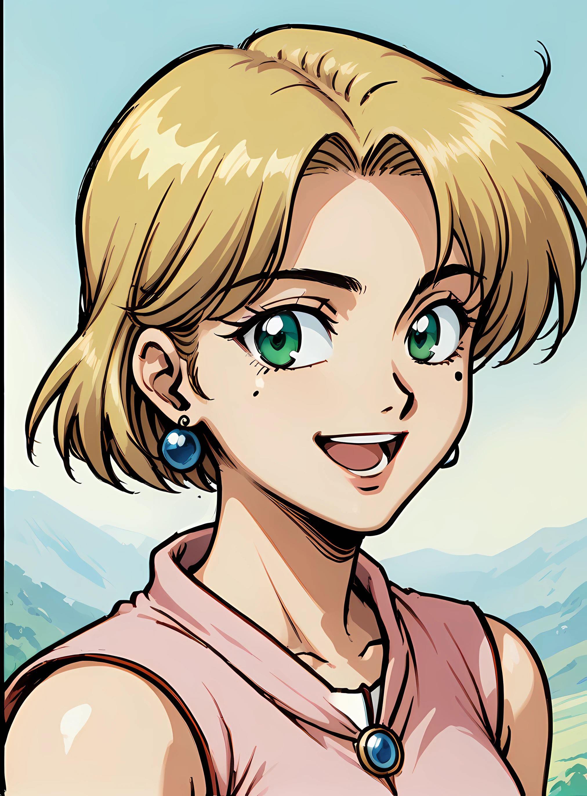 retro artstyle,1990s (style),oldest, <lora:Ritsuko:0.7> Ritsuki Akagi, 1girl,solo,smile,short hair,open mouth,blonde hair,jewelry,green eyes,earrings,sleeveless,mole,mole under eye,