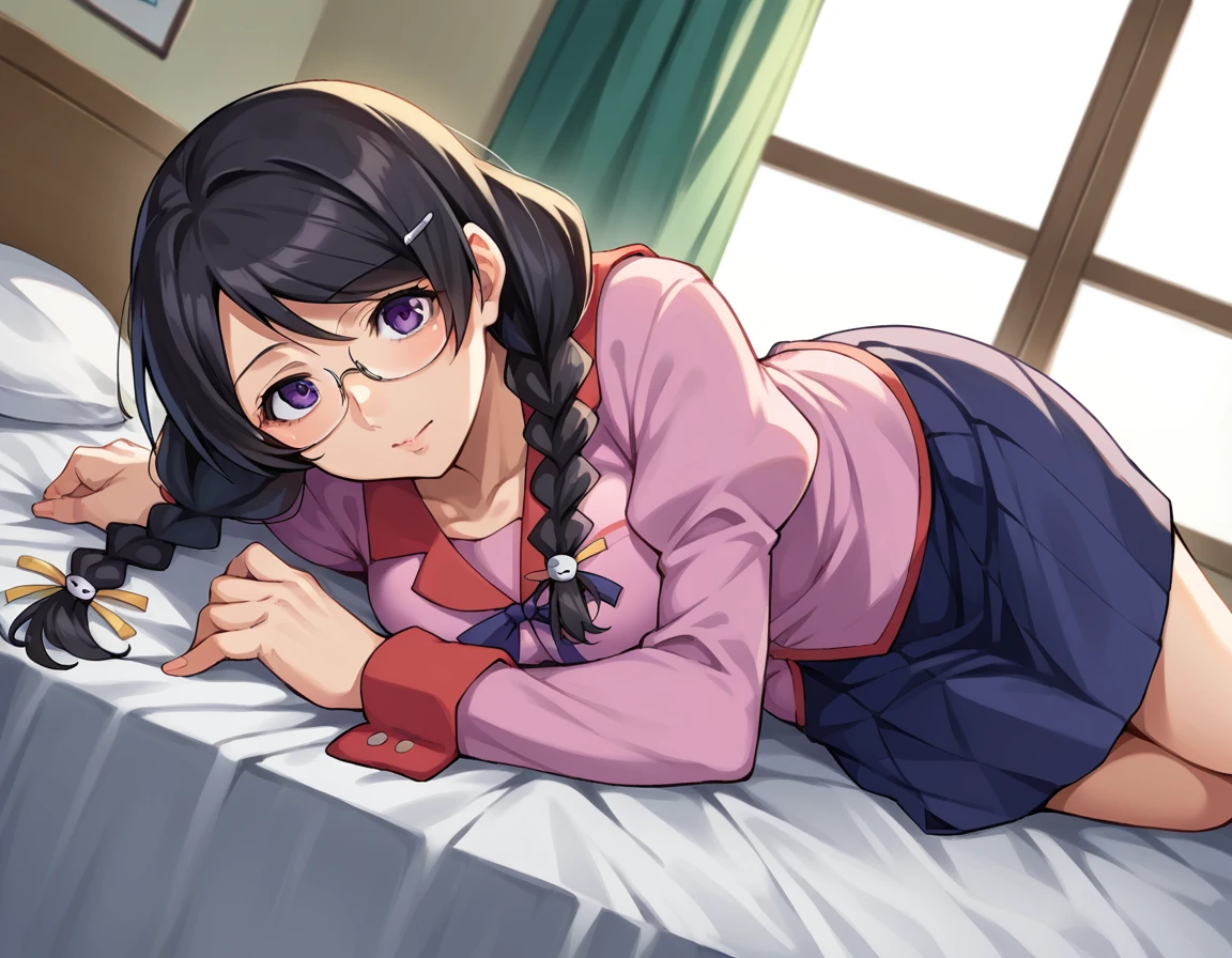score_9, score_8_up, score_7_up, source_anime,
tsubasahanekawa, <lora:tsubasa-hanekawa-ponyxl-lora-nochekaiser:1>,
hanekawa tsubasa, long hair, black hair, hair ornament, purple eyes, braid, hairclip, twin braids, glasses, mature female,
skirt, school uniform, naoetsu high school uniform,
indoors, bed, bed room, on side,
looking at viewer, cowboy shot, dutch angle,