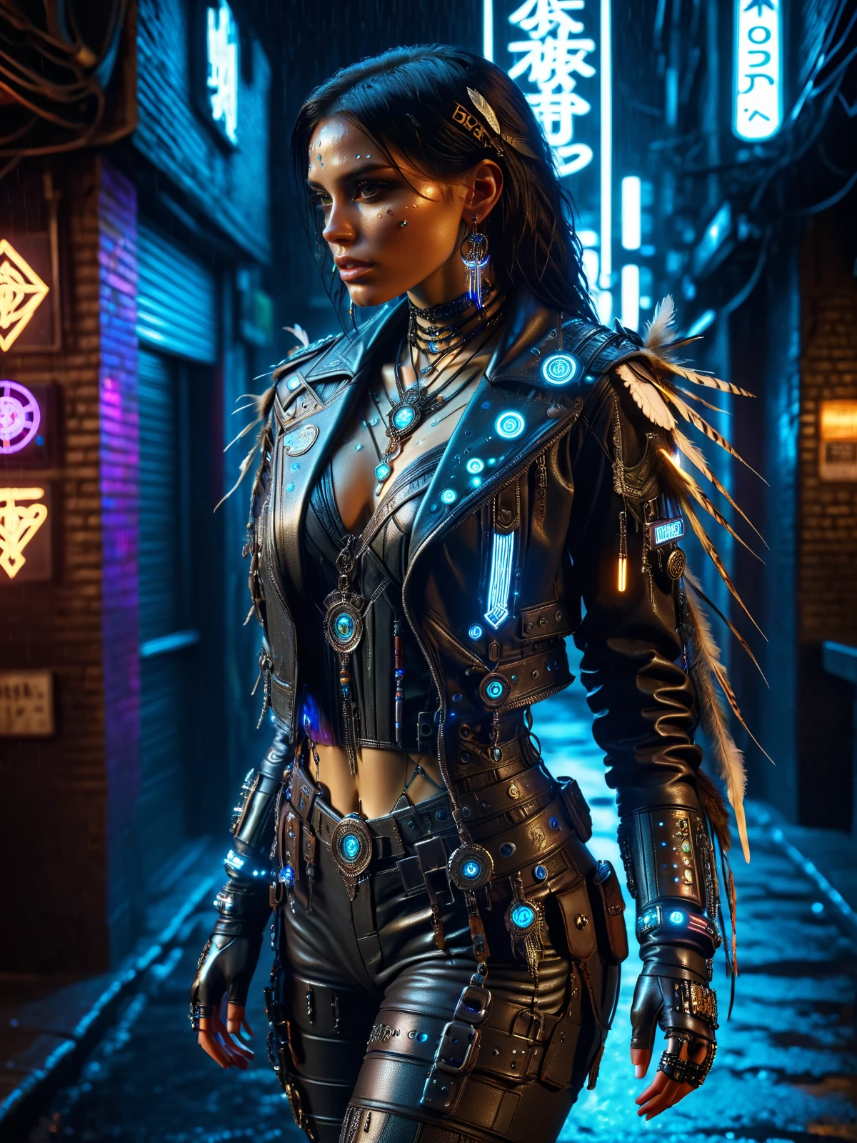 cinematic shot, dramatic lighing, woman,  mad-cybrshmn, ornated leather clothing, magic glow,  bone, gems, feathers, dark hair, cyberpunk alley, night, neon lights, rain, <lora:Neon_Cyberpunk_SDXL_Cybershaman:1>, masterpiece, best quality, ultra high res, (photorealistic, realistic:1.2), deep shadow, raw photo, film grain, Fujifilm XT3, 8k uhd, dslr