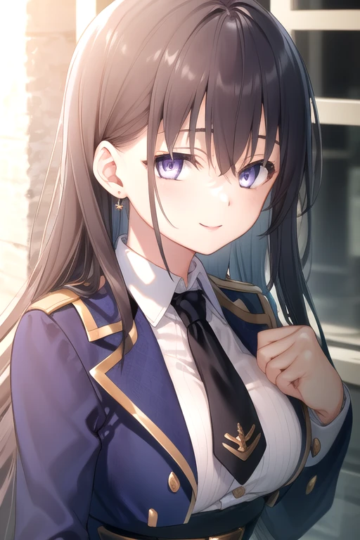 ((masterpiece)),(best quality),official art,extremely detailed CG,unity 8k wallpaper,ultra detailed,beautiful detailed eyes,extremely detailed face,outdoors,1girl,solo,upper body,(portrait:1.5),looking at viewer,facing viewer,smile,elfine phillet,very long hair,black hair,braid,hair ornament,hair bobbles,sidelocks,hair between eyes,purple eyes,uniform,jewelry,blue jacket,(open jacket),wing collar,black necktie,white shirt,collared shirt,dress shirt,long sleeves,large breasts,belt buckle,blue high-waist skirt,double-breasted,black pantyhose,black footwear,<lora:Elfine Phillet-v1(tdsmoea)>,