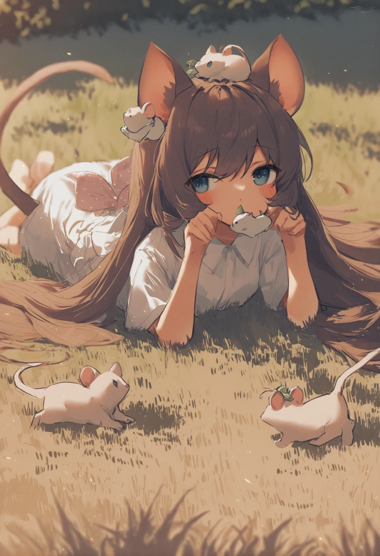 masterpiece, best quality,1girl, animal ears, solo, long hair, lying, cat ears, tail, on head, looking at viewer, holding, dress, barefoot, on stomach, bangs, blue eyes, short sleeves, animal on head, outdoors, cat tail, shirt, grass, brown hair, animal, white shirt, collared shirt, blush, white dress, covered mouth, very long hair, cat girl, mouse ,
<lora:potgXLlokr4f-000143:1>