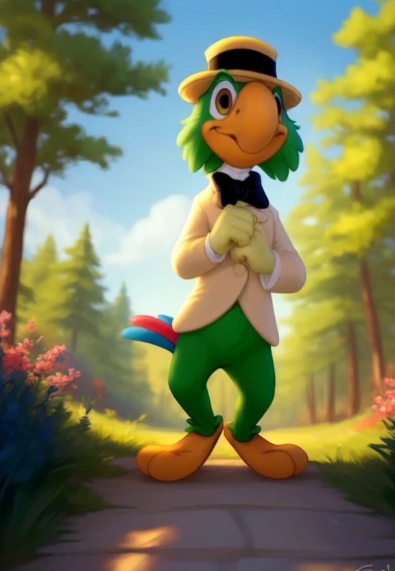 <lora:JoseCariocaBirdCartoYif:1>  solo,   nude, standing on the path, smile, looking at viewer,   worm's-eye view,
JoseCariocaBirdCartoYif, Parrot, green feathers, beak, gray eyes, white gloves, smal shirt, bow tie, hat,
[day, Forest, clearing, sky, small houses, grass around the road,]  (beautiful, aesthetic, perfect, delicate, intricate, masterpiece,)
by taran fiddler, by cynicalstarr, by personalami,