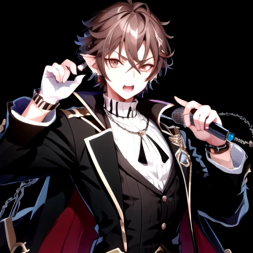 <lora:RufusWilde-06:0.7>, rufusgc, looking at viewer, open mouth, gloves, long sleeves, holding, jewelry, jacket, upper body, braid, brown hair, earrings, black gloves, fingerless gloves, turtleneck, chain, ring, black background, microphone, holding microphone