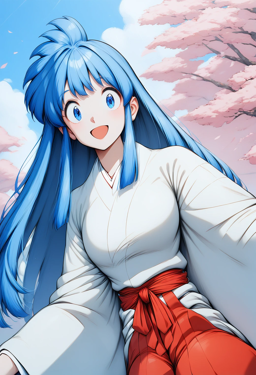 1girl, upper body, (outdoors:1.2), smile, open mouth, (sky:1.2), sunlight, japan, looking at viewer,
okinu-chan, blue eyes, blue hair, sidelocks, long hair, japanese clothes, wide sleeves, (white kimono:1.2), BLEAK (red hakama:1.2), <lora:okinu-chan_pony_ver1:0.9>, score_9, score_8_up, score_7_up, BREAK source_anime, best quality, masterpiece, uncensored, solo,