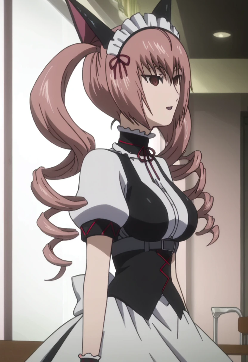 <lora:Faris:1>, faris, 1girl, animal ears, cat ears, dress, drill hair, maid headdress, ponytail, twin drills, twintails, upper body, waitress
