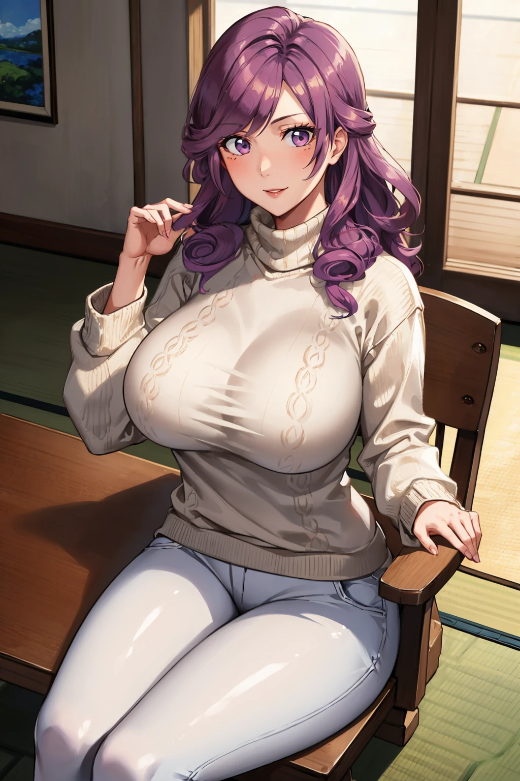 masterpiece, best quality, 1girl,  <lora:kirio-nvwls-v1-000009:0.9> hikifune kirio, purple hair, large breasts, white sweater, turtleneck, cable knit, white pants, sitting, table, chair, japanese architecture, looking at viewer, smile