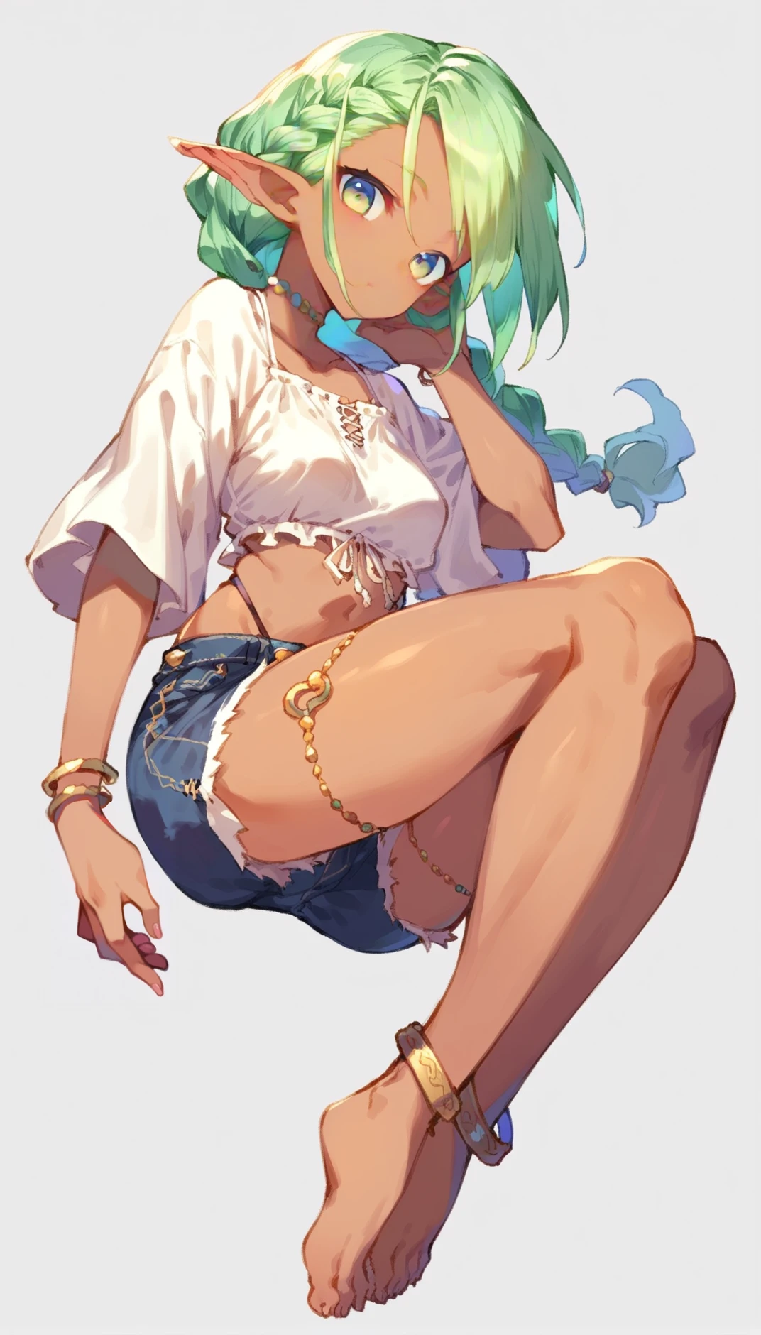 <lora:dark_elf_pony:1> score_9, score_8_up, score_7_up, score_6_up, source anime, BREAK kuronagamimi, dark elf, 1girl, pointy ears, solo, barefoot, green hair, shorts, braid, full body, looking at viewer, jewelry, anklet