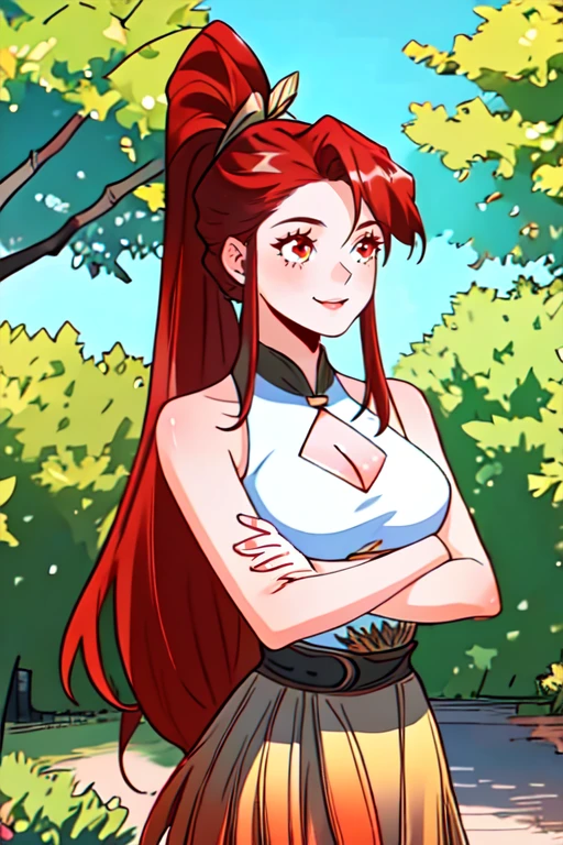 beautiful eyes, beautiful girl, high detail skin, high detail eyes, high detail hair, highres, ultra detailed, sharpen picture, Highly detailed, masterpiece, best quality, photorealistic,
<lora:Hou FengLoRA:1>1girl, very long hair, ponytail, white top, sleeveless, feathers, cleavage cutout, belt, skirt, thighhighs, smile, in a park, trees, blue sky, red eyes, panties