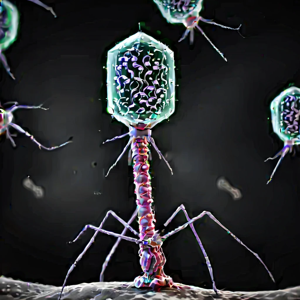 <lora:Phage_XL-000014:1> phage, grayscale, attacking bacteria