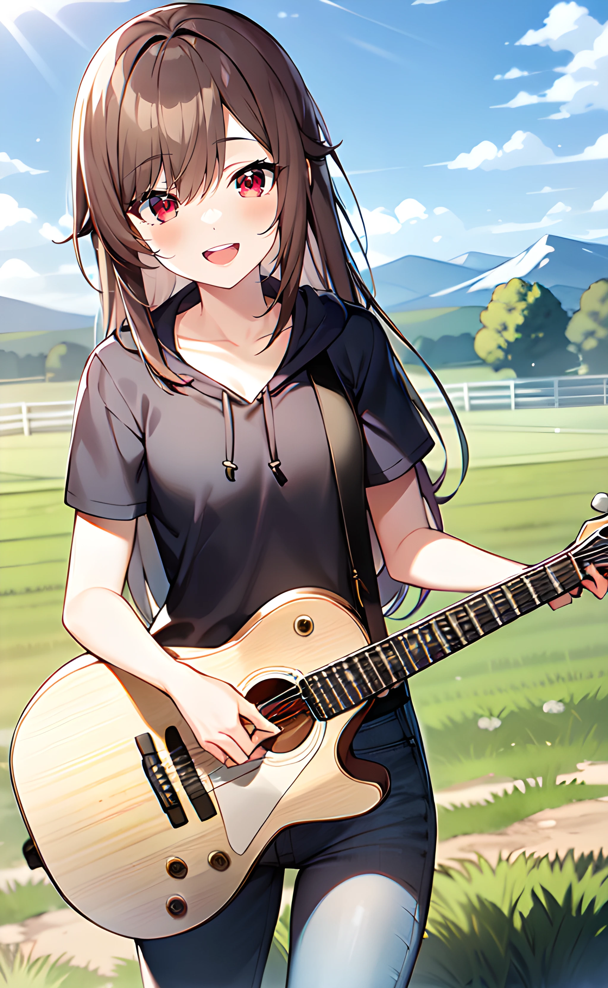 1girl, cowboy shot, standing, long hair, brown hair, red eyes, black hoodie, short sleeves, jeans, collarbone, open mouth, smile, playing guitar, outdoors, farm, mountain, blue sky, sunlight