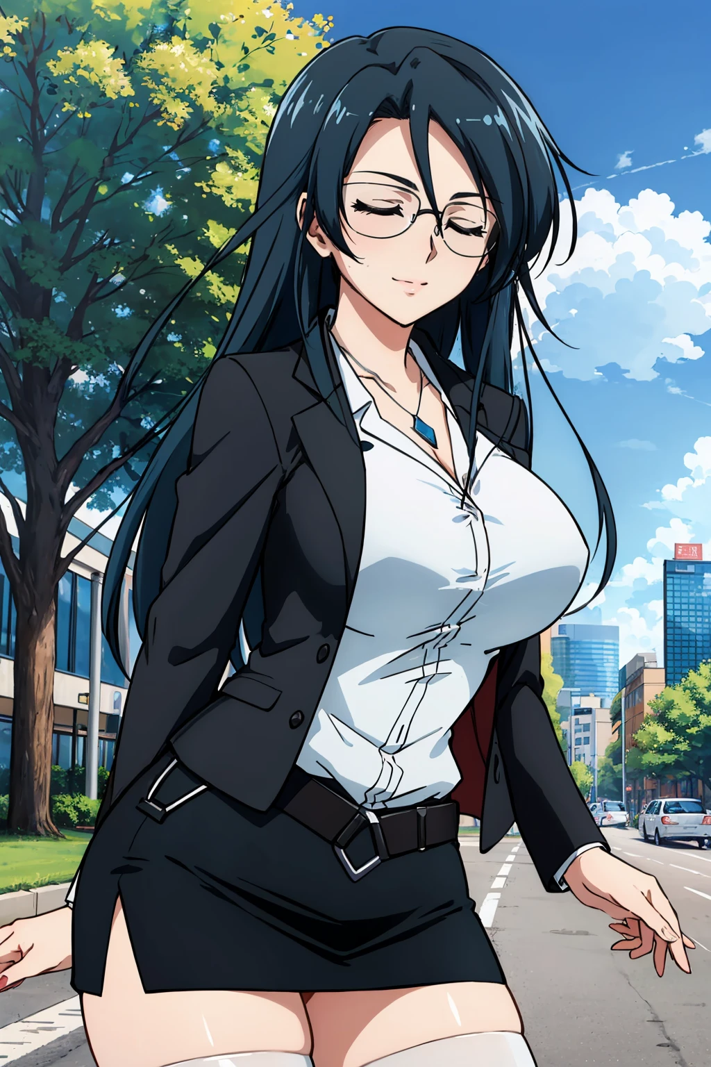 masterpiece, best quality, <lora:aneharamisa-nvwls-v1-000009:0.8> anehara misa, glasses, necklace, white shirt, black jacket, belt, suit, black miniskirt, white thighhighs, large breasts, happy, closed eyes, looking at viewer, blue sky, tree, city